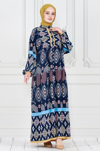 Sevitli Navy Blue Ikat PatterneD Half ButtoneD Robe Dress