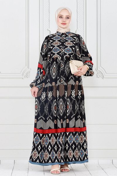 Sevitli Black Ikat Patterned Half Button Dress