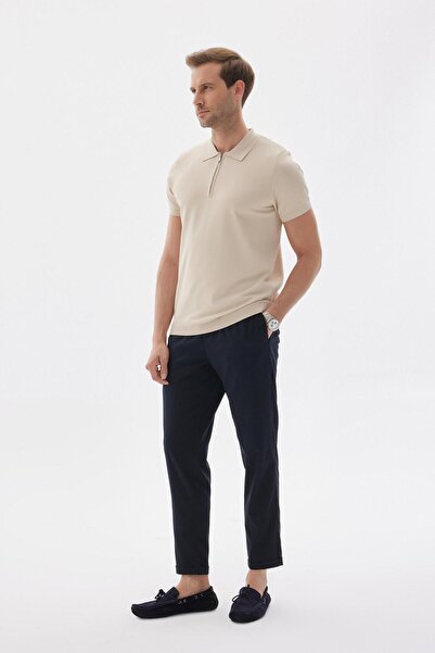 odelon Πλεκτό μπλουζάκι Polo Neck Rayon σε μπεζ χρώμα - με φερμουάρ