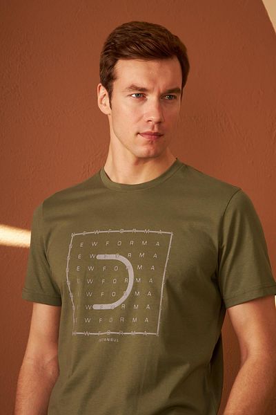 odelon Ανδρικό T-Shirt Χακί - Comfort Fit, Printed, Formal Mars15