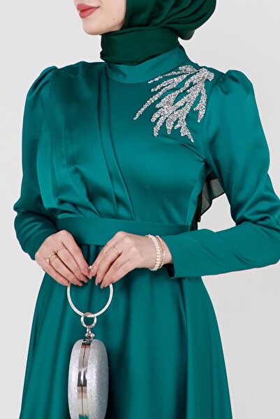 Sevitli Βραδινό φόρεμα από σατέν με πέτρα μπροστά με τύπωμα - Τυρκουάζ