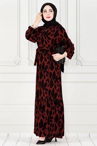 Sevitli Burgundy Viscose Dress - Ruffle Leaf Patterned Skirt
