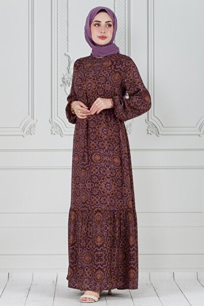 Sevitli Φόρεμα βισκόζης - Σχέδιο πλακιδίων, τούνελ μέσης, αποξηραμένο τριαντάφυλλο