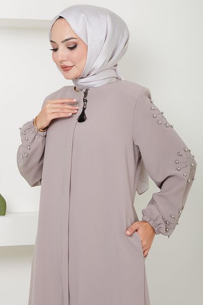 hafsamina Beige Ferace - Stone Detailed Arm, HM2494