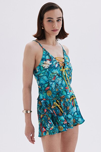 Feu De Elu Set pijama scurtă din satin cu modele Monet's Bond - cu bretele