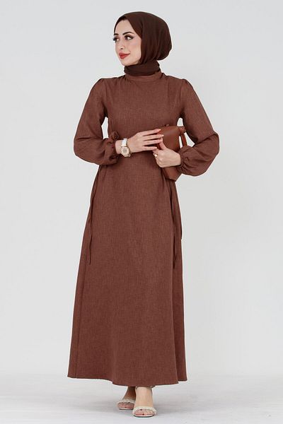 Sevitli Linen Dress with Side Ties-brown