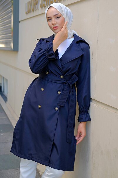 hafsamina Καμπαρντίνα με δεμένα μανίκια με κορδόνια Navy Blue HM2274