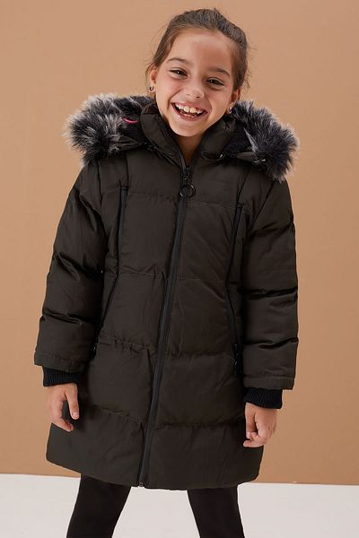 Cansın Mini Khaki Girl's Puffer Jacket - Fur Detailed, Model 19132