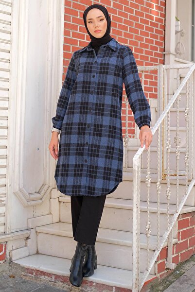 hafsamina Long Lumberjack Shirt Navy Blue HM2282