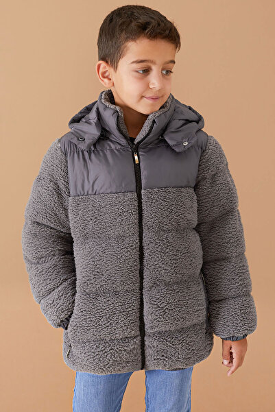 Cansın Mini Boy's Plush Coat with Hood and Lining - Smoke 19324
