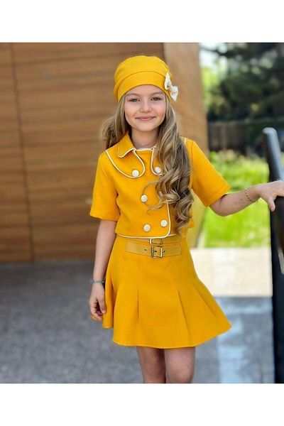 KOKOŞ BEBEK Set Including Kokoş Belt Detailed Skirt, Double Collar Detailed Shirt and Bow Hat