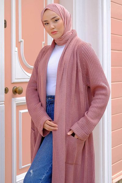 hafsamina Πλεκτό Ζακέτα Dusty Rose με τσέπες με γιακά HM2243