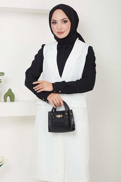 hafsamina White Double Suit - Vest and Shoulder HM2497