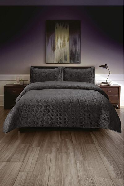 FAVORA Silva Velvet Double Bedspread Set - Anthracite