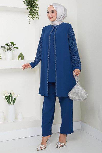 hafsamina Plus Size Διπλό Μητρικό Σετ - Πέτρινο μανίκι και Indigo HM2504