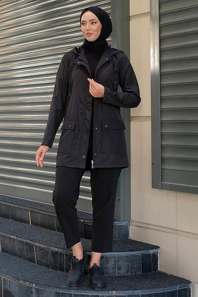 hafsamina Bag Pocket Trench Coat Black HM2275
