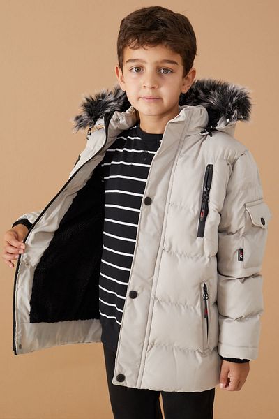 Cansın Mini Boy's Fur Hooded Coat - Gray Crest Detail, Zipper Pocket - 19068