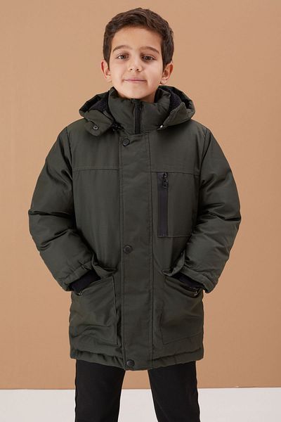 Cansın Mini Boy's Coat - Khaki Fur, Hood, Zipper and Chest Pocket 19076