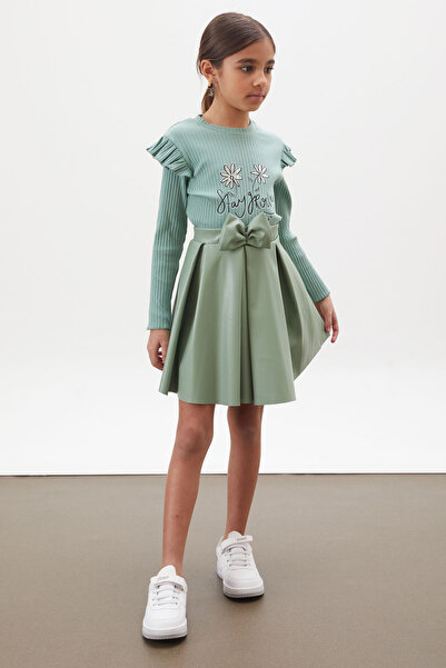 Cansın Mini Green Floral Printed Girl's Suit with Badi Leather Skirt 18010