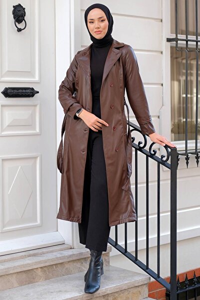 hafsamina Kruvaze Yaka Deri Trençkot Kahverengi HM2296