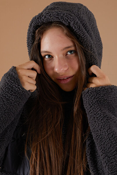 Cansın Mini Girl's Plush Cardigan - Smoke, Chest Pocket, Hoodie - 19500