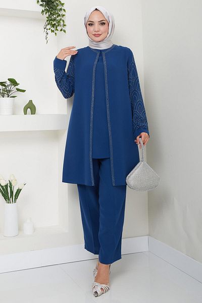 hafsamina Plus Size Διπλό Μητρικό Σετ - Πέτρινο μανίκι και Indigo HM2504