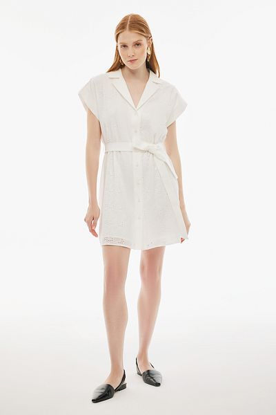 Perspective Emrick Regular Fit Short Length Low Sleeve Jacket Collar Ecru Color Dress