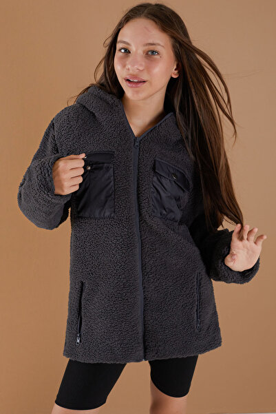 Cansın Mini Girl's Plush Cardigan - Smoke, Chest Pocket, Hoodie - 19500