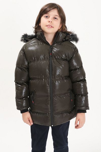 Cansın Mini Boy's Hexagonal Patterned Green Puffer Jacket 15589