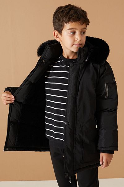Cansın Mini Boy's Hooded Coat - Black, Fur Inside, Sleeve Pocket Detail, 19058