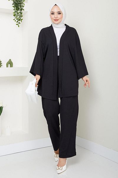 hafsamina Black Kimono and Pants Set - HM2434