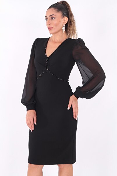 aşkın göksu Siyah Uzun Şifon Kollu V Yaka İşlemeli Krep Kısa Kadın Elbise