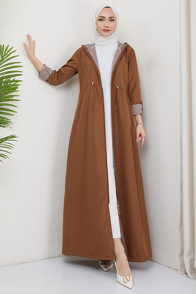 hafsamina Hooded Striped Long Trench Coat Brown HM2332