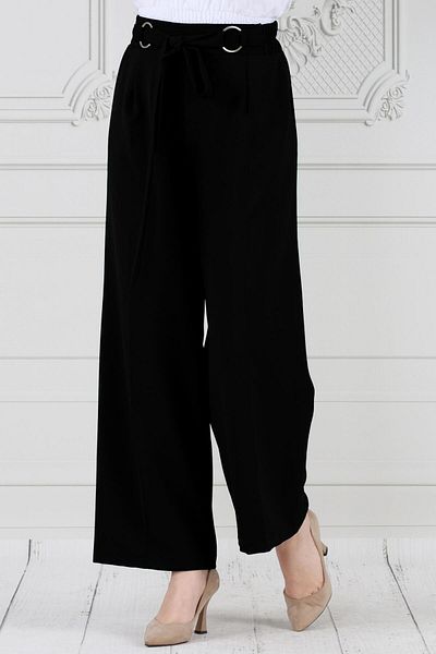 Sevitli Wide Leg Black Trousers - Ring Detail