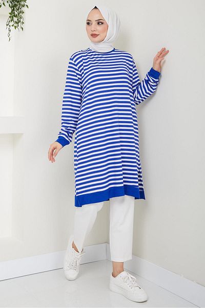hafsamina Blue Striped Combed Cotton Tunic - Hm2418
