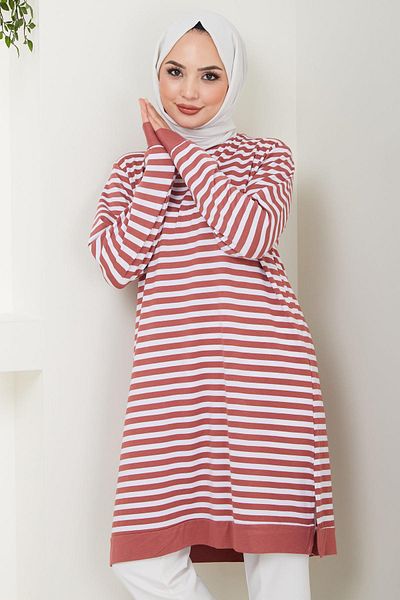 hafsamina Dried Rose Striped Combed Cotton Tunic - HM2418