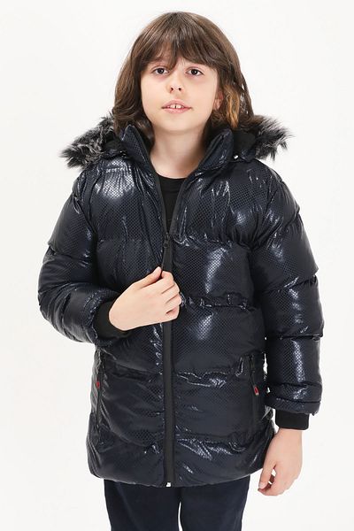 Cansın Mini Palton puf albastru bleumarin cu model hexagonal pentru băiat 15590
