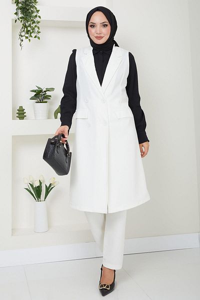 hafsamina White Double Suit - Vest and Shoulder HM2497