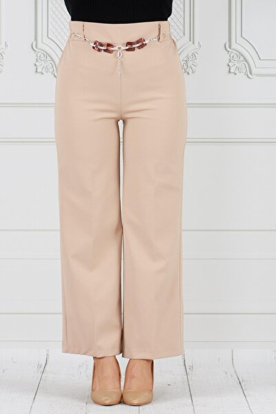 Sevitli Beige Colored Chain Detailed Wide Leg Trousers
