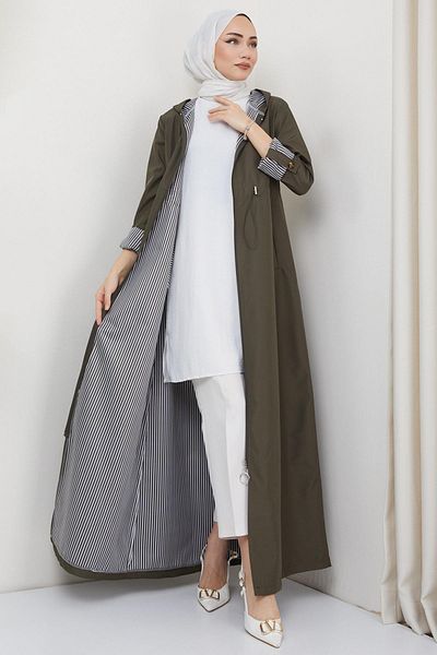 hafsamina Hooded Striped Long Trench Coat Khaki HM2332