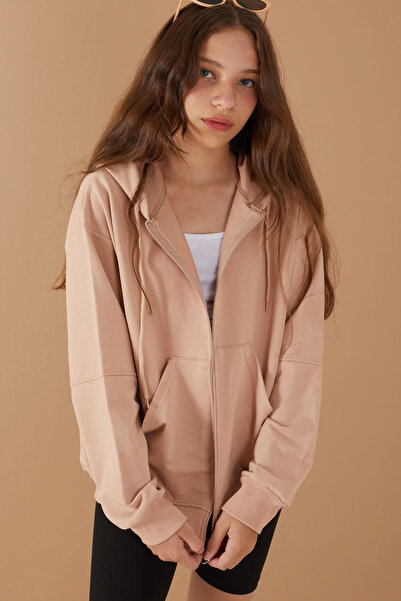 Cansın Mini Βασική σχολική ζακέτα με κουκούλα για κορίτσια με φερμουάρ 19204