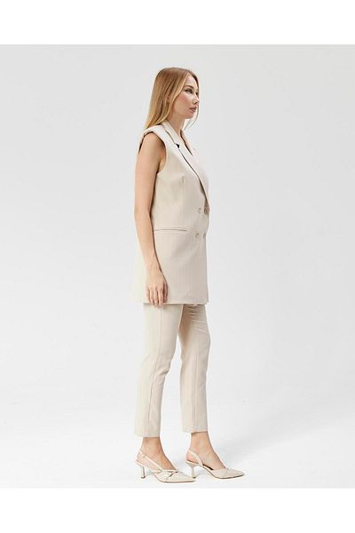 Appleline Costum vestă lungă clasică în dungi BEIGE pentru femei
