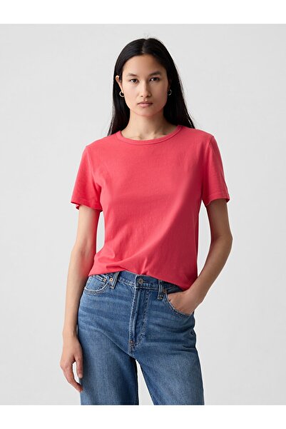 GAP Kadın Kırmızı %100 Pamuk Vintage Bisiklet Yaka T-Shirt