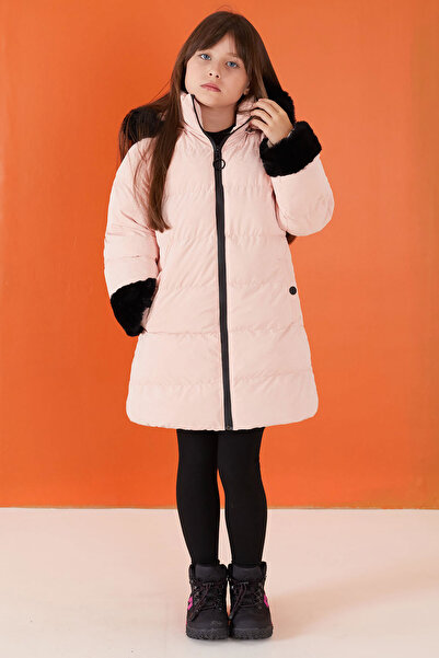 Cansın Mini Girl's Fur Salmon Sleeve Detailed Hooded Puffer Jacket 19512