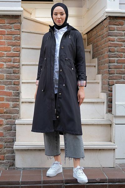 hafsamina Zippered and Tied Trench Coat Black HM2261
