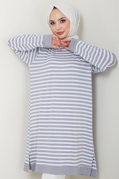 hafsamina Gray Striped Combed Cotton Tunic - HM2418