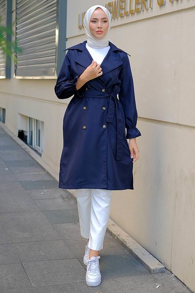 hafsamina Tied Sleeve Gathered Trench Coat Navy Blue HM2274