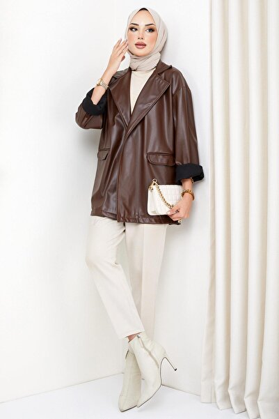 hafsamina Oversize Leather Jacket Brown HM2338
