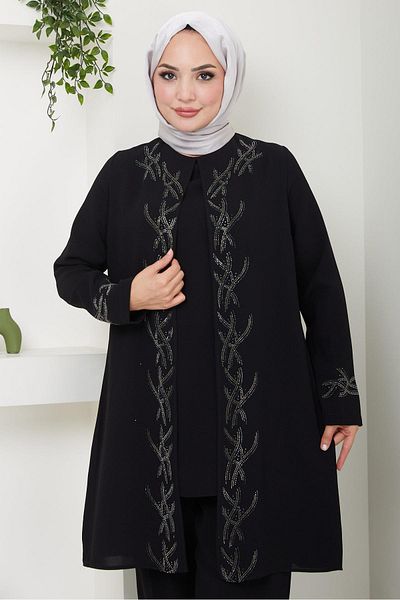 hafsamina Plus Size Elegant Stone Detailed Mother's Set - Black Hm2505