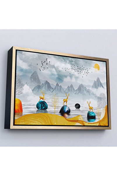 Oxyteez Pictură cu cerburi aurii cu design modern 3D cu cadru din lemn-7196